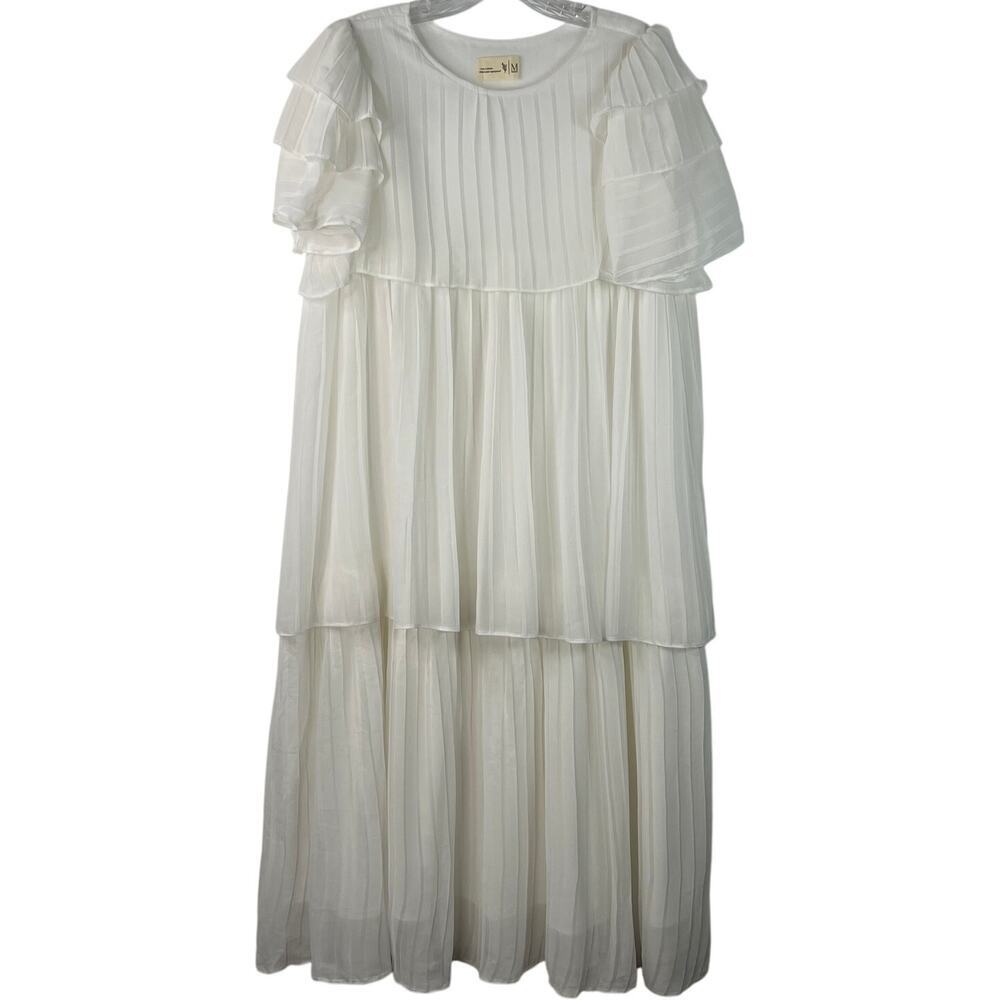 Woman's Tiered Pleaded White Flowy Dress Layered Short Sleeves Angelcore Size M
